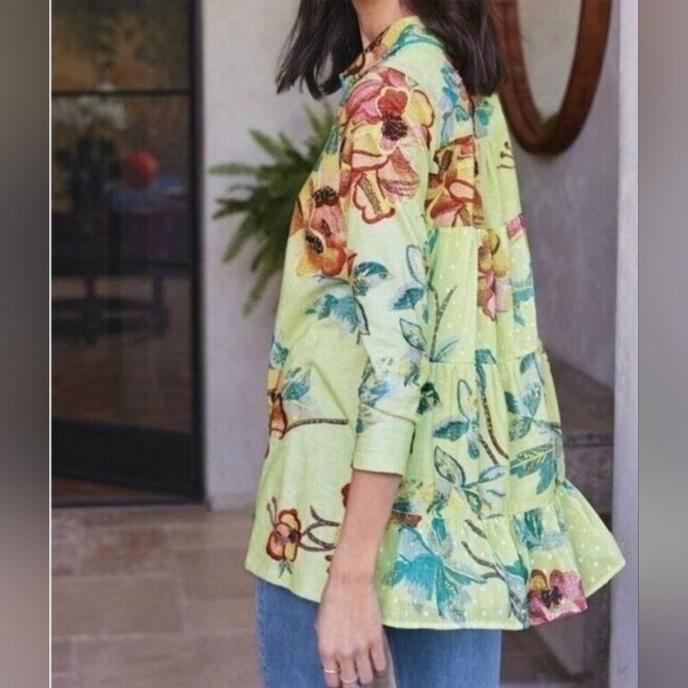 Soft Surroundings Elena Floral Cotton Tunic Top Medium Button Front - Picture 9 of 15